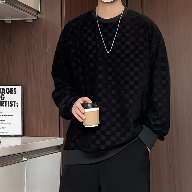 S5020/特P32春装新款棋盘格套头卫衣男潮宽松百搭长袖T恤外套,男装T恤,电商A141