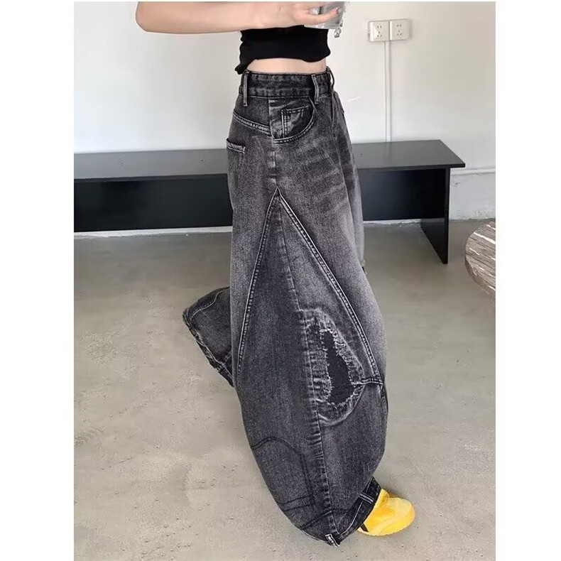 大码美式复古弯刀阔腿牛仔裤女春秋新款高腰显瘦宽松直筒拖地裤子,男装牛仔裤,星座506A