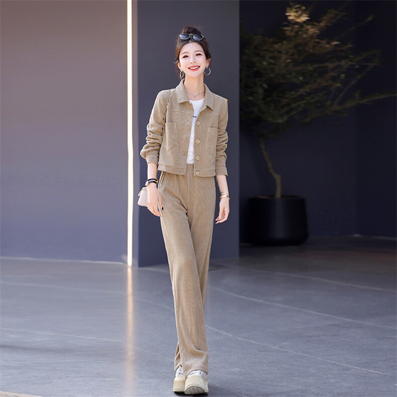 休闲套装女小个子2024春季新款时尚休闲洋气长袖短款上衣两件套,女装套装/套裙,梦依杭