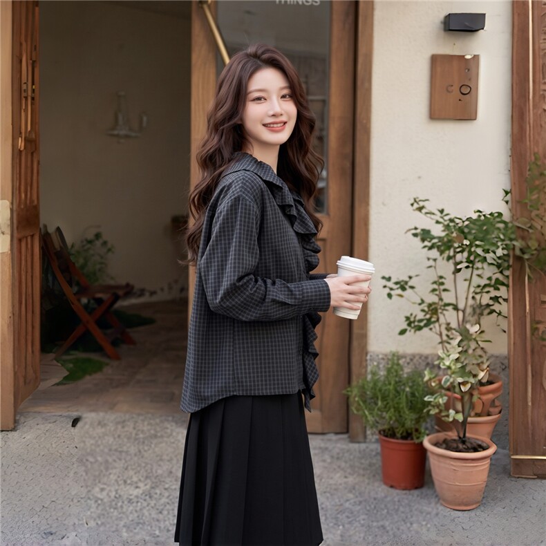 2026秋季新款格纹衬衫女长袖荷叶边设计感上衣,女装衬衫,