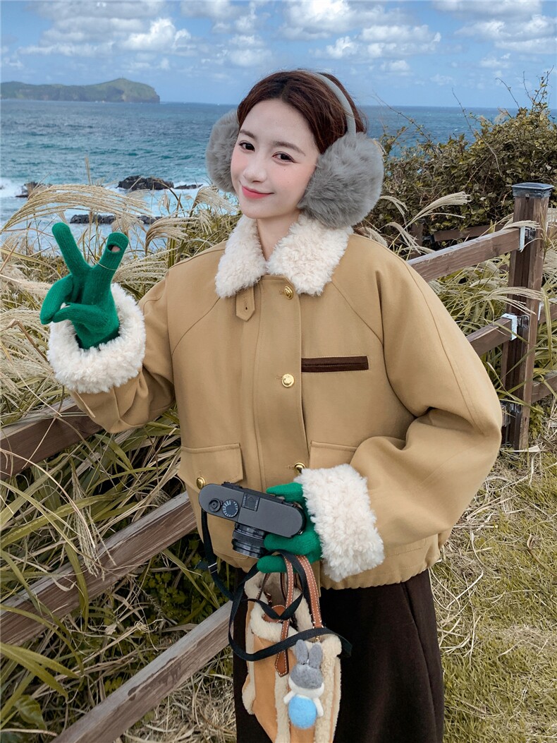 卡其色羊羔毛领拼接短款派克羽绒服女2025冬季小个子加厚保暖外套,女装羽绒服,慧尚2-185