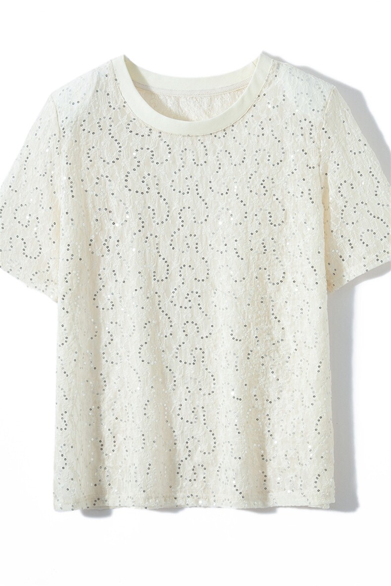 时尚夏季新款女装宽松亮片蕾丝T恤女短袖显瘦百搭黑色上衣,女装T恤,澳冬特羊绒