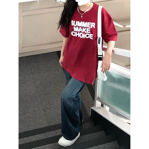 美式复古酒红色短袖t恤ins潮牌重磅宽松纯棉短袖oversize图片
