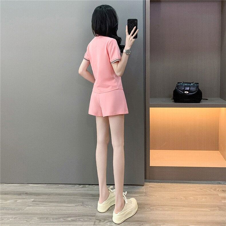 学院风时尚简约套装裙女夏新款修身显瘦Polo领短袖T恤裤裙两件套,女装套装/套裙,江南