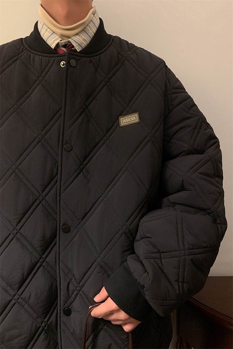 特批P90无差价冬菱形格加棉加厚棒球服男oversize棉衣保暖外套M51,男装棉衣,电商A001