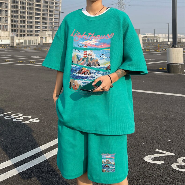 ！2025夏季新款男士华夫格短袖T恤套装百搭一套HTZ83P50图片