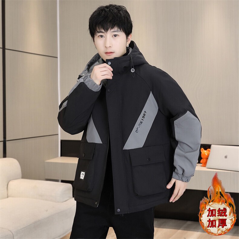 秋冬新款男士加绒加厚连帽夹克青少年休闲保暖外套图片