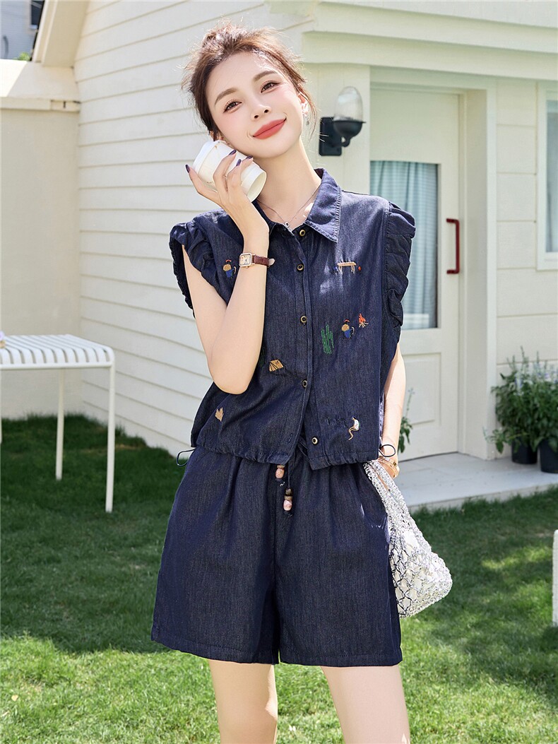 甜酷减龄深蓝色刺绣牛仔套装女2025夏季小个子无袖衬衫短裤两件套,女装套装/套裙,布芭啦