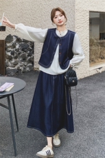 牛仔马甲衬衫半身裙套装女春秋2025新款休闲老钱风流行超火三件套，女装套装/套裙，2C293