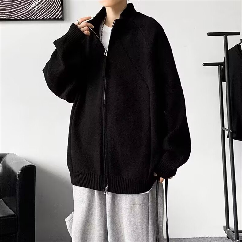 秋冬慵懒风简约百搭纯色重磅拉链休闲宽松毛衣美拉德针织立领开衫,男装针织衫/毛衣,星座410-6（原星座1304-1）