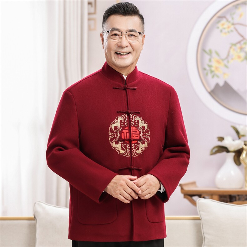 情侣装羊毛呢中老年加绒唐装套装男士风复古新中式双面呢唐装,男装休闲套装,钱塘723