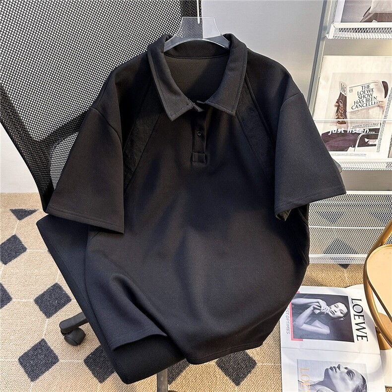 黑色短袖polo衫男款夏季美式拼接正肩t恤cleanfit高级感情侣半袖,男装T恤,星座911-1