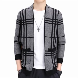 秋季好款毛线衣青年修身休闲潮纯色针织衫男条纹开衫外套图片
