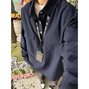 藏青色泡泡纱衬衫男春秋套头半开衫长袖衬衣美式cleanfit情侣外套图片