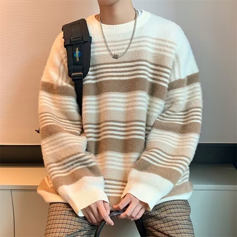 圆领条纹针织衫男情侣款线衣外套高级感痞帅毛衣5574P55,男装针织衫/毛衣,星座410-2