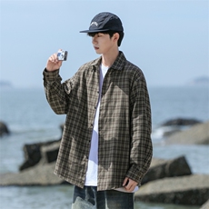 潮流格子衬衫男港风休闲长袖外套青少年男装2377P35，男装衬衫，星座1107-1