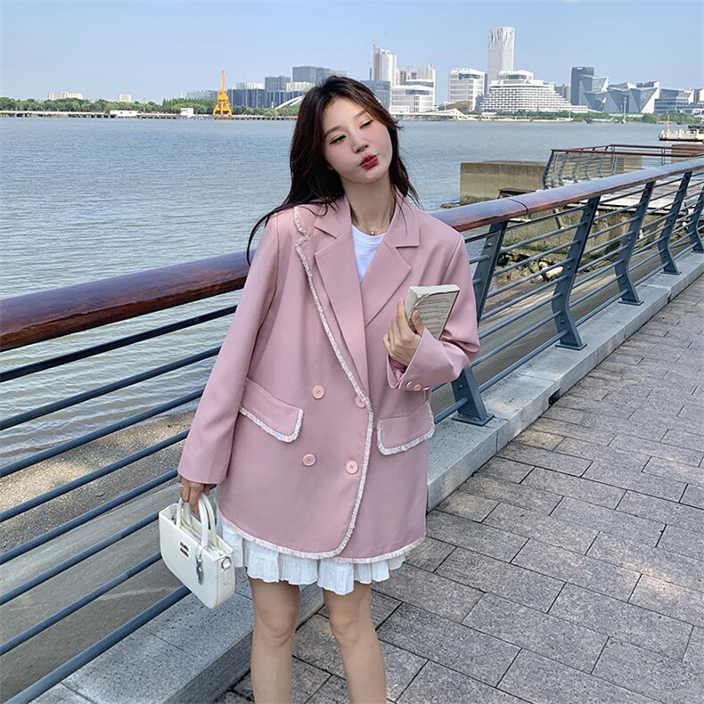 粉色设计感小香风西装春秋女2025新款温柔风宽松洋气毛边小西服,女装西装,天使之佳话