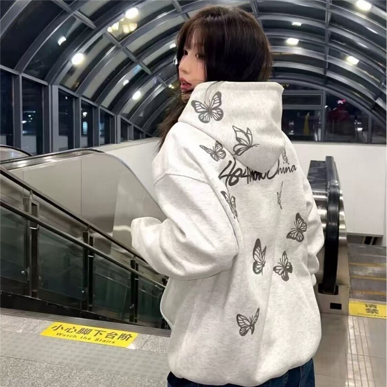 蝴蝶印花宽松版型卫衣男女连帽2026秋冬新款ins宽松外套WB493-P51,女装短外套,星座412-3