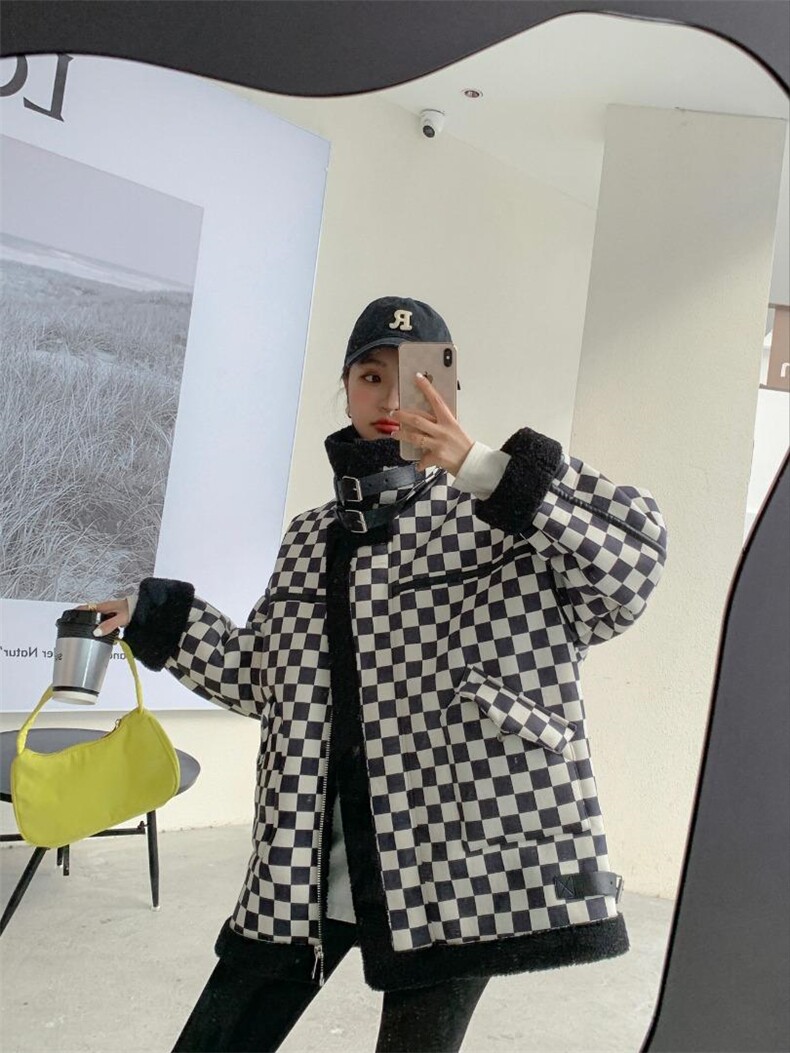 棋盘格机车服羊羔毛外套，其它，靓依蝶菲