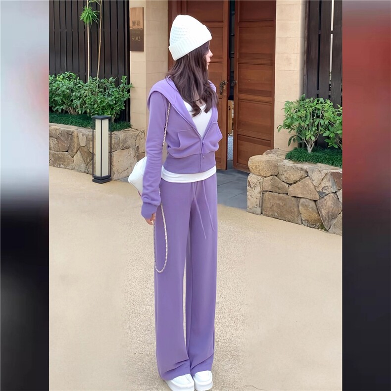 休闲时尚减龄套装女春季新款宽松显瘦纯色连帽卫衣阔腿长裤两件套,女装套装/套裙,江南