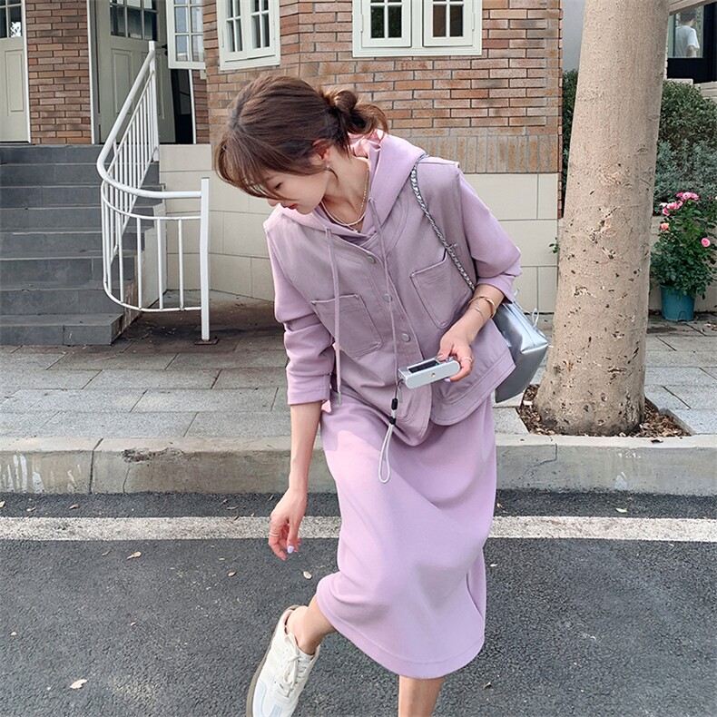 温柔系穿搭紫色休闲连衣裙女春新款工装马甲宽松减龄卫衣裙,女装连衣裙,2C029