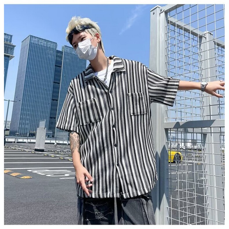 美式复古条纹短袖针织开衫外套男女夏季休闲半袖衬衣CC55,女装短外套,星座1116A-1（原606A）
