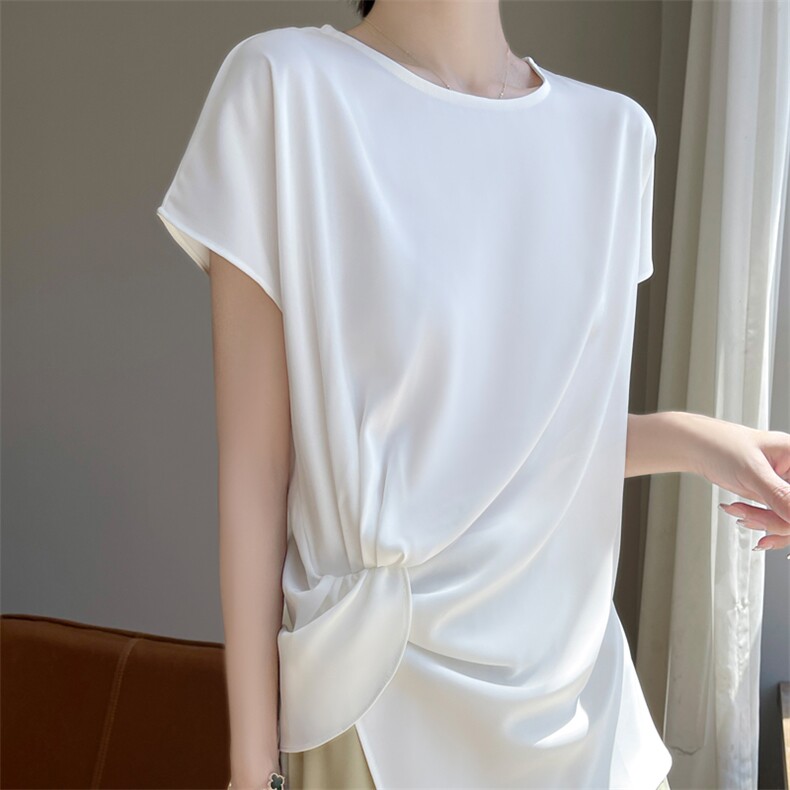 商场同款2025夏季新款缎面短袖T恤女醋酸缎面法式高级感上衣，女装衬衫，素语电商供货