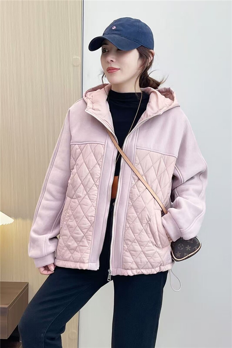 2025冬装新款修身保暖时尚菱形格个性拼接女士棉服外套,女装棉衣/棉服,江忆布依