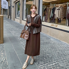 高级感pu皮马甲连衣裙女2025年春季新款时尚气质卫衣裙，女装连衣裙，2C032