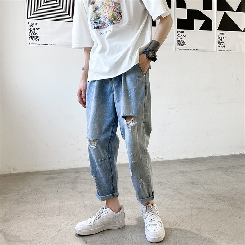 破洞牛仔裤男夏季宽松潮牌乞丐裤港风毛边九分裤A125-803-P45,男装牛仔裤,电商A125