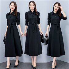 高级感长袖衬衫连衣裙女2023春秋新款高端气质修身显瘦过膝长裙子，女装大码女装，琦鑫阁（原依鑫阁）