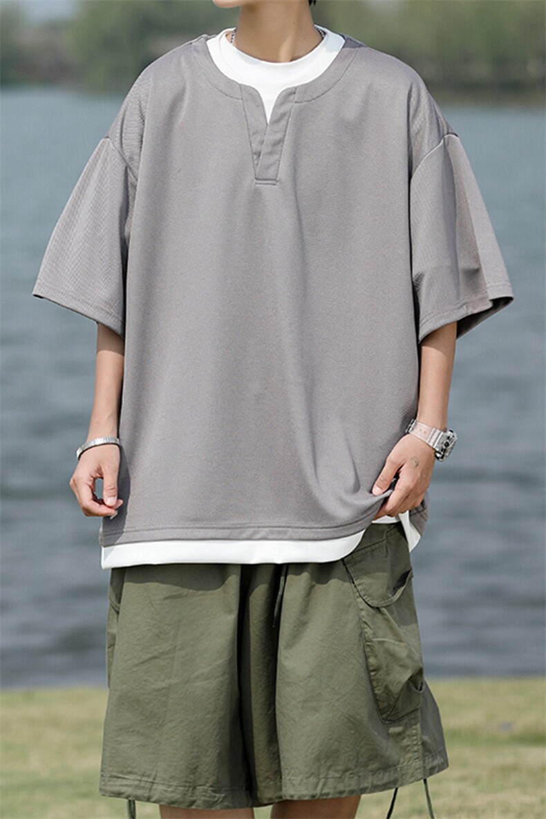 8XL-M重磅斜纹假两件短袖t恤男夏季薄款宽松大码半袖体恤DT006P45,男装T恤,电商B312