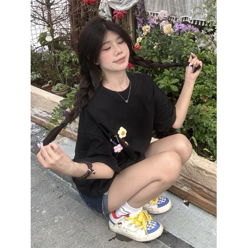 H1016-P35现货#订标+订立体辅料螺纹领宽松短袖T恤,女装T恤,星座617A-2