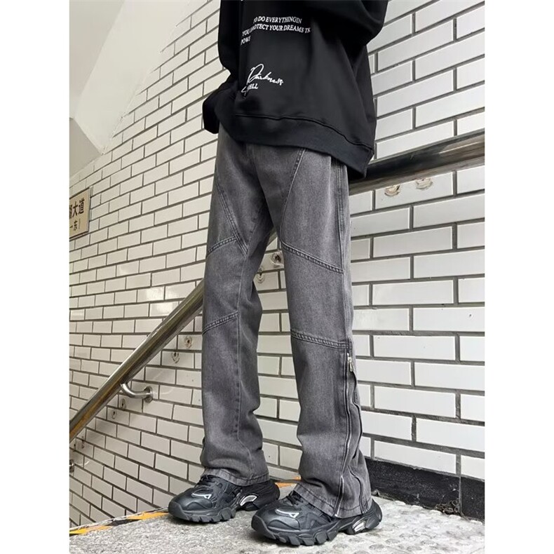 美式牛仔裤男拉链微喇直筒裤子vibe潮牌高街宽松休闲裤N81022-p55图片