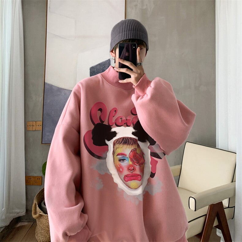 加绒加厚高领卫衣头像印花落肩袖情侣款打底衫男XZ514-2-G80-P48,男装T恤,星座514-2(原B239)