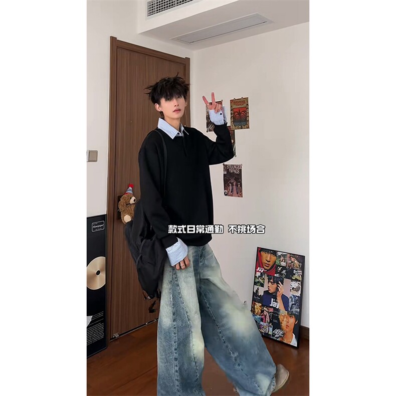 抖音得物高品质26春装美式高街假两件衬衫领长袖卫衣POLO领打底衫,男装T恤,电商A486