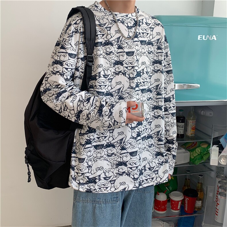 港风卡通满印t恤男长袖宽松嘻哈上衣帅气个性圆领打底衫W481-P32,男装T恤,星座512-2
