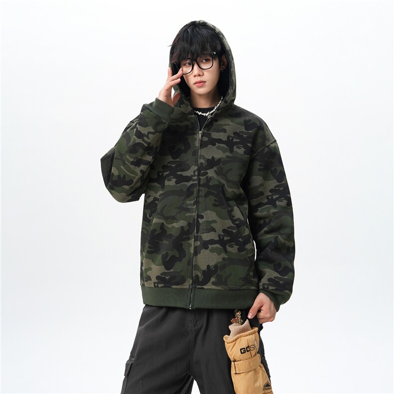 美式重磅拉链连帽开衫卫衣男春秋宽松百搭拼色迷彩外套KS009P65，女装短外套，电商B312