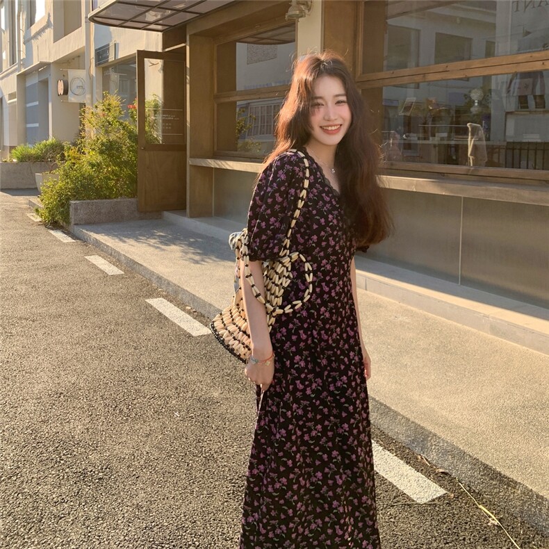 法式黑色碎花连衣裙茶歇女夏季2025新款收腰显瘦气质长裙,女装连衣裙,2C229