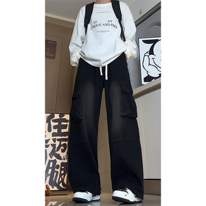 A1158P55控88-秋季新款工装牛仔裤男直筒美式痞帅大口袋拼接裤子图片