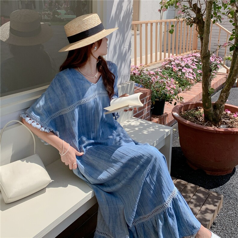 法式超火浪漫蓝色连衣裙女夏2025新款海边度假超好看长裙洋气绝美,女装连衣裙,2C273