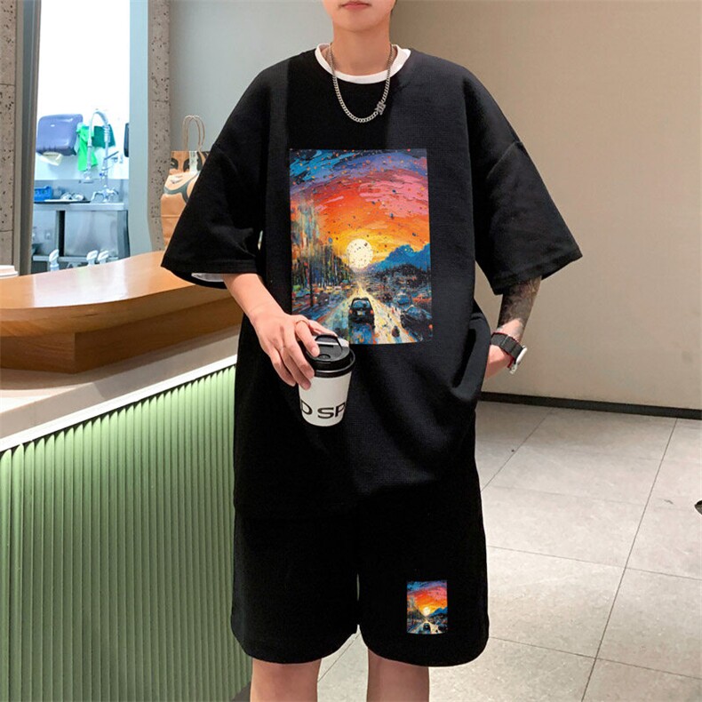 ！2025夏季新款男士华夫格短袖套装潮流学生一套HTZ93P50图片