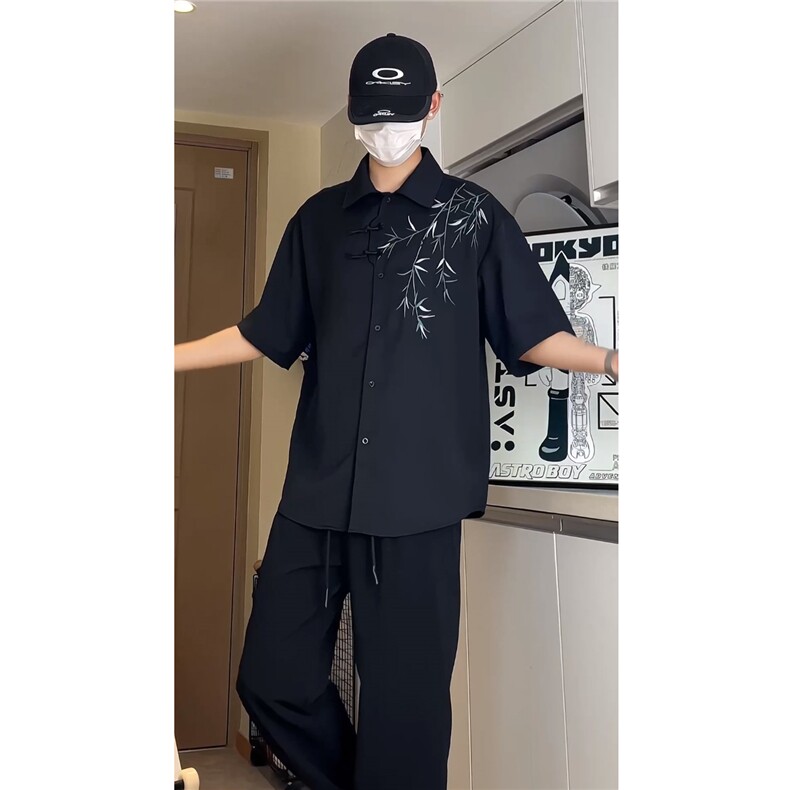 新中式男装风刺绣竹子短袖衬衫男款七分袖衬衣1007-H60-特P35,男装衬衫,星座1007（原301D）