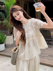 超仙时尚雪纺套装女2026夏新款半透减龄无袖木耳边阔腿裙裤两件套，女装套装/套裙，衣秀之家