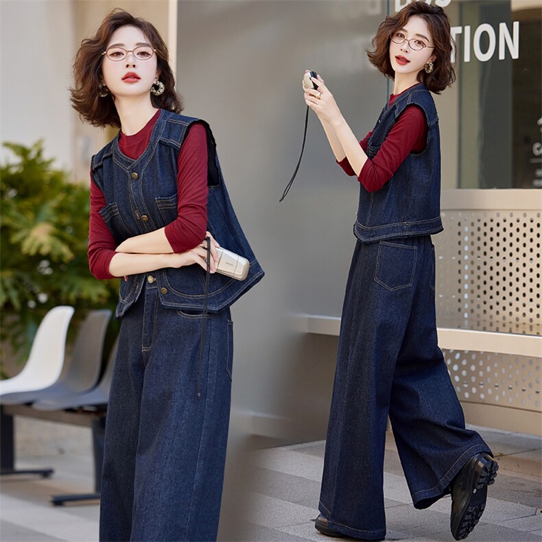 欧洲站时髦洋气牛仔套装裤潮2025春新款女减龄气质休闲高级阔腿裤，女装套装/套裙，瑶迪依秀