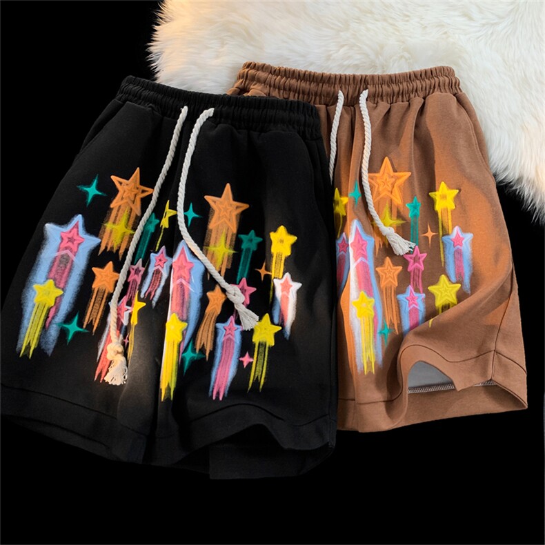 A334-KZ05-P35新款重磅星星涂鸦美式潮牌大码宽松五分裤短裤，男装休闲裤，电商B339(原A334）