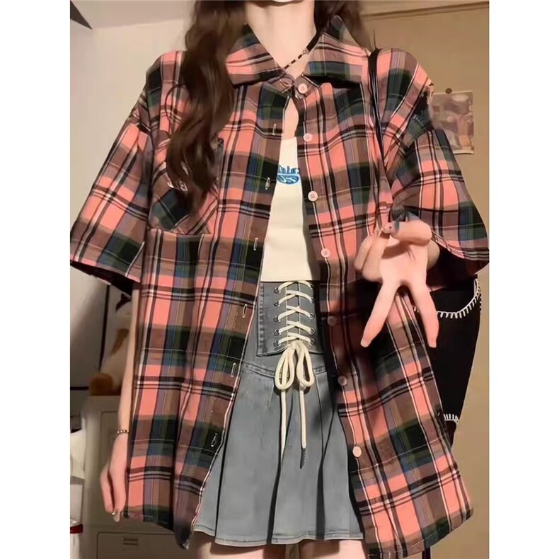 美式复古甜酷格子短袖衬衫女春夏2025新款设计感小众宽松衬衣外套,男装衬衫,星座506A