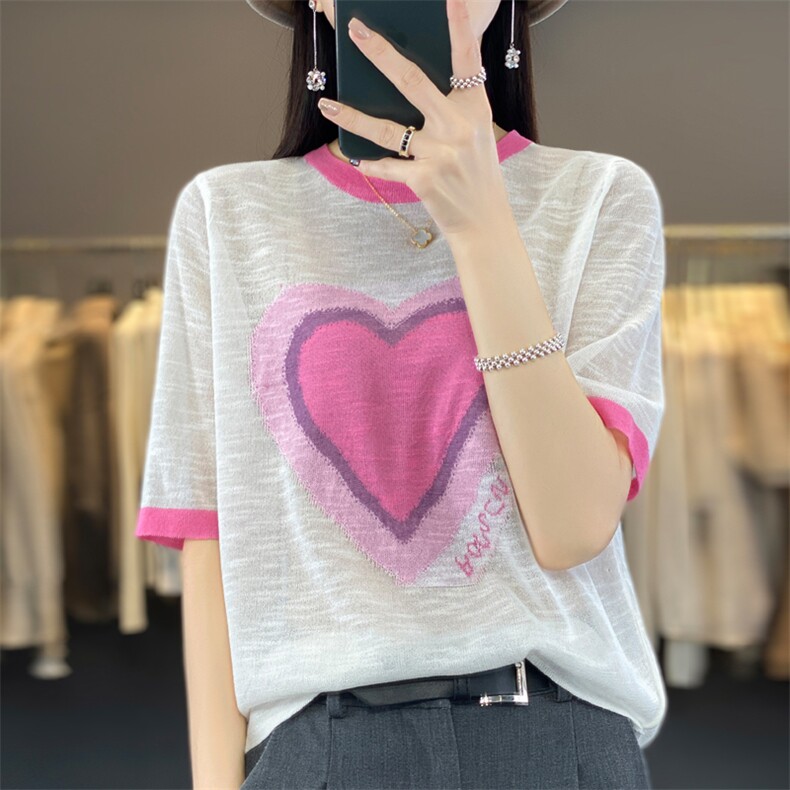 薄款针织衫夏新款竹节麻短袖上衣女爱心宽松减龄圆领亚麻拼色T恤，女装针织衫/毛衣，大美人包芯纱店