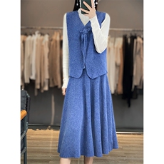 气质秋冬季女时尚百搭羊毛盘扣马甲裙子套装，女装套装/套裙，江杉羊绒