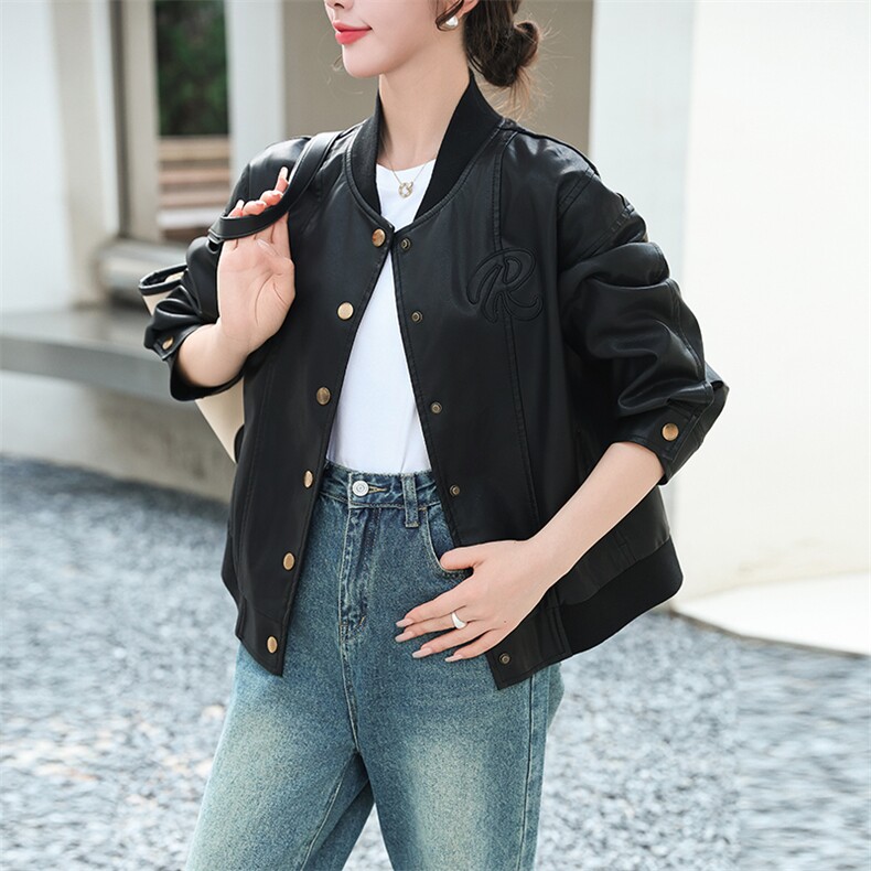 黑色皮衣夹克女2024春秋新款休闲港风复古高级感小个子棒球服外套,女装皮衣,跑量工厂店